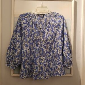 Zara Paisley Blue White  Blouse Puff Long Sleeves Button Up  XS Women's